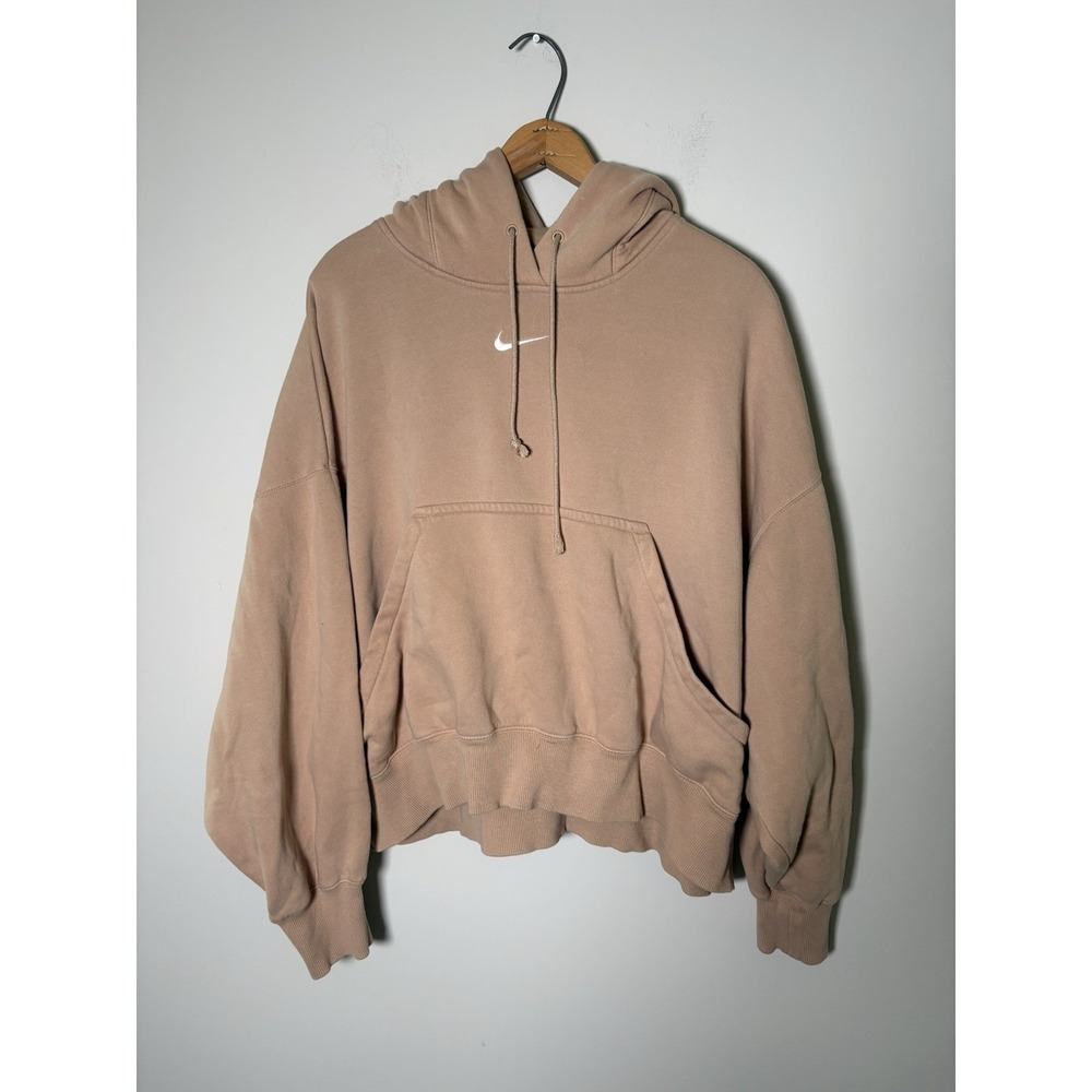 Nike Phoenix Fleece Oversized Hoodie Womens Size M Tan Beige Center Swoosh Crop